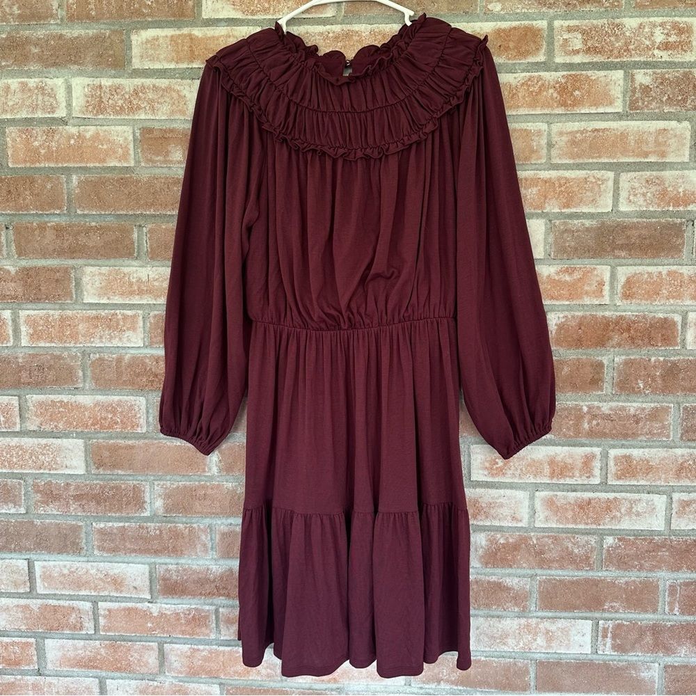 Ann Taylor Burgundy Long Sleeve Dress Ruffle NEW Women’s XS Stretchy